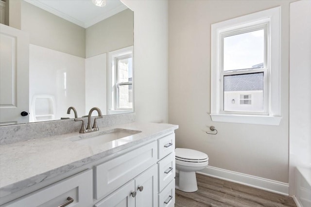10201 Castleberry Ln, Waco, TX 76712 - full bath with toilet, ornamental molding, baseboards, wood finished floors, and vanity