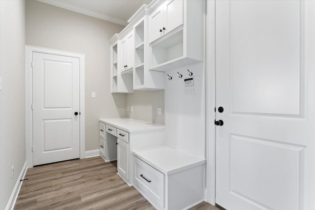 10201 Castleberry Ln, Waco, TX 76712 - mudroom with light wood-style flooring, baseboards, and crown molding