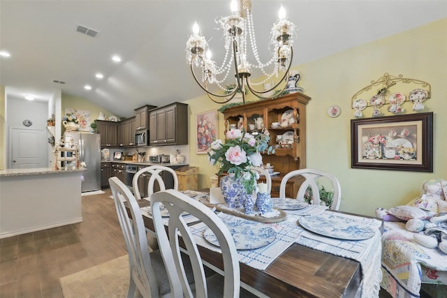 1440 Glade Meadows Dr, Burleson, TX 76058 - dining area featuring a chandelier, lofted ceiling, dark wood-type flooring, and recessed lighting