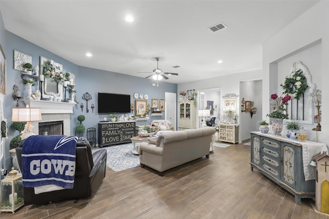 1440 Glade Meadows Dr, Burleson, TX 76058 - living room with ceiling fan, wood finished floors, recessed lighting, and a tile fireplace