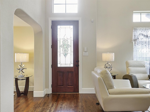 2165 Hidalgo Ln, Frisco, TX 75034 - entrance foyer with dark wood-type flooring, baseboards, arched walkways, and a towering ceiling