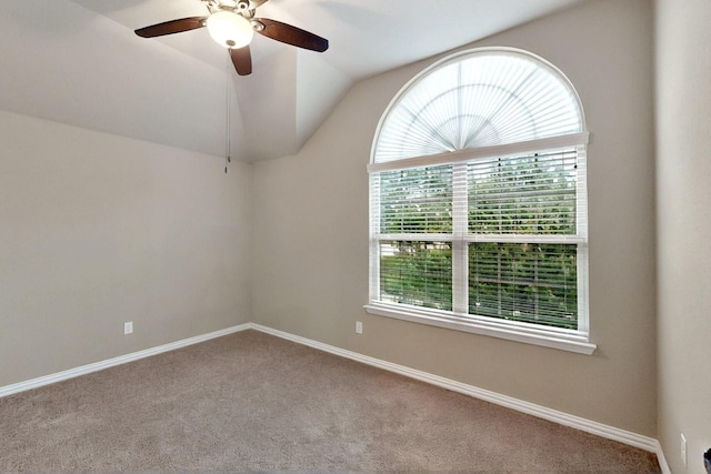 carpeted empty room featuring healthy amount of natural light, ceiling fan, baseboards, and lofted ceiling