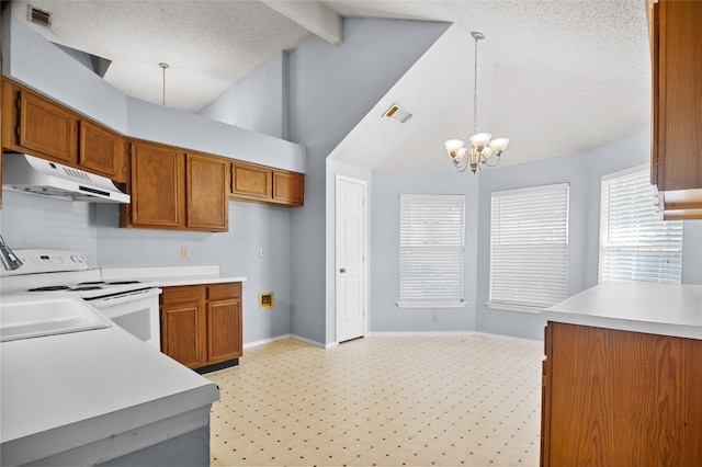 kitchen with under cabinet range hood, brown cabinetry, baseboards, white range with electric cooktop, and beamed ceiling