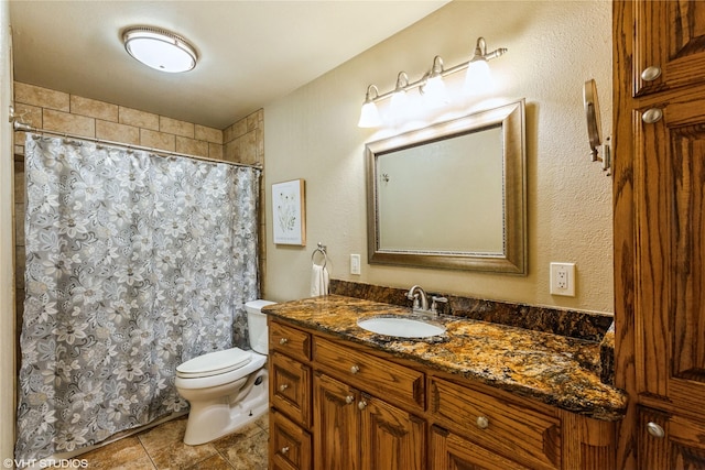5920 Retta Mansfield Rd, Burleson, TX 76028 - bathroom with toilet, vanity, tile patterned flooring, and a shower with curtain