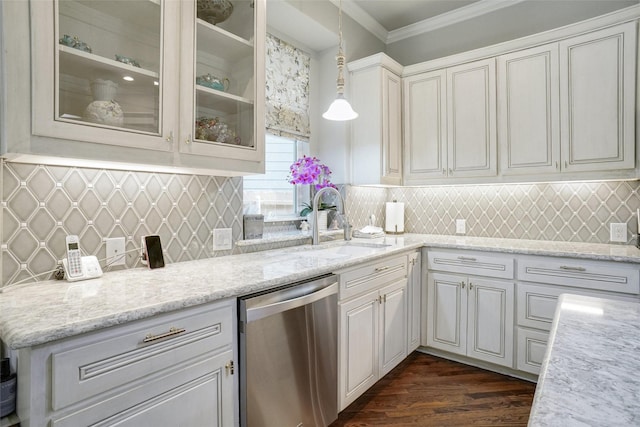 517 Hearth Ter, Argyle, TX 76226 - kitchen with dishwasher, ornamental molding, white cabinetry, glass insert cabinets, and hanging light fixtures