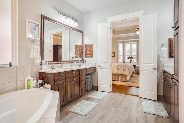 517 Hearth Ter, Argyle, TX 76226 - ensuite bathroom featuring vanity, a ceiling fan, wood finished floors, and a garden tub