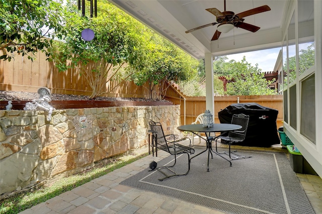 517 Hearth Ter, Argyle, TX 76226 - view of patio / terrace featuring ceiling fan, a fenced backyard, and outdoor dining area