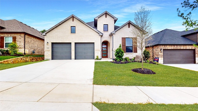 view of front of house with brick siding, a front yard, a garage, and concrete driveway