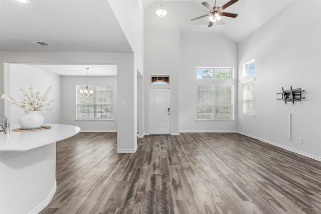 2148 Miramar Dr, Little Elm, TX 75068 - foyer with plenty of natural light, dark wood-style flooring, high vaulted ceiling, and a ceiling fan