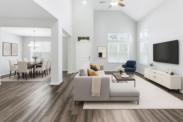 2148 Miramar Dr, Little Elm, TX 75068 - living room with dark wood-type flooring, plenty of natural light, baseboards, and high vaulted ceiling