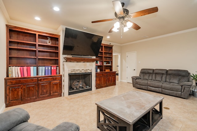 2687 Mcclendon Rd, Weatherford, TX 76088 - living room featuring crown molding, recessed lighting, ceiling fan, a tile fireplace, and light tile patterned floors