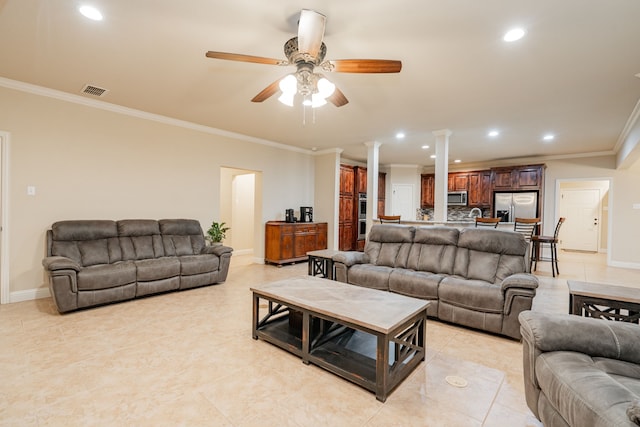 2687 Mcclendon Rd, Weatherford, TX 76088 - living area featuring recessed lighting, crown molding, ceiling fan, decorative columns, and light tile patterned flooring