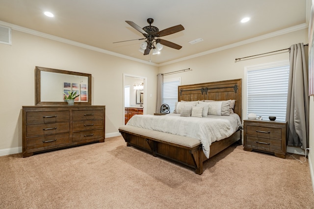 2687 Mcclendon Rd, Weatherford, TX 76088 - bedroom featuring light colored carpet, ornamental molding, a ceiling fan, recessed lighting, and ensuite bath