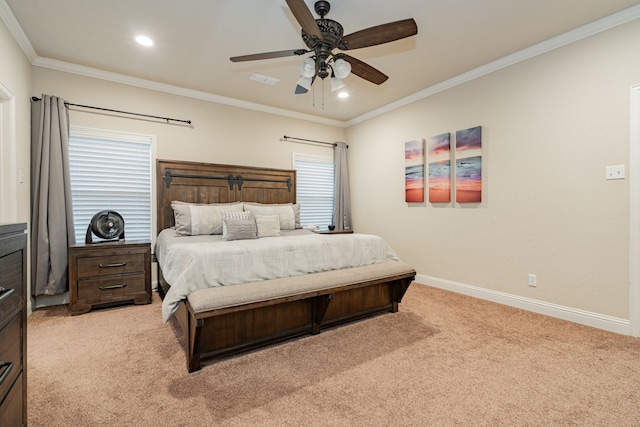 2687 Mcclendon Rd, Weatherford, TX 76088 - bedroom featuring light colored carpet, crown molding, recessed lighting, and a ceiling fan