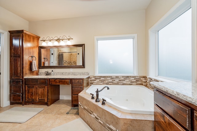 2687 Mcclendon Rd, Weatherford, TX 76088 - bathroom featuring a jetted tub, vanity, tile patterned floors, and a shower with curtain