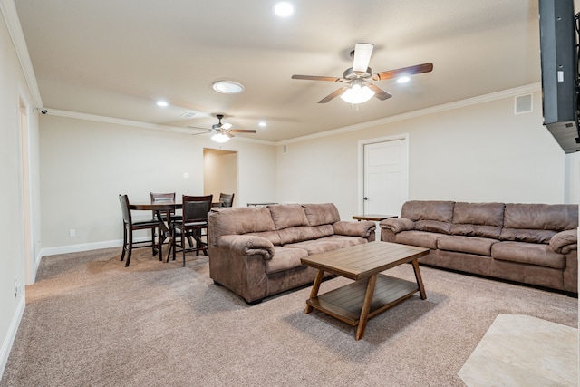 2687 Mcclendon Rd, Weatherford, TX 76088 - living area with recessed lighting, crown molding, a ceiling fan, and light colored carpet