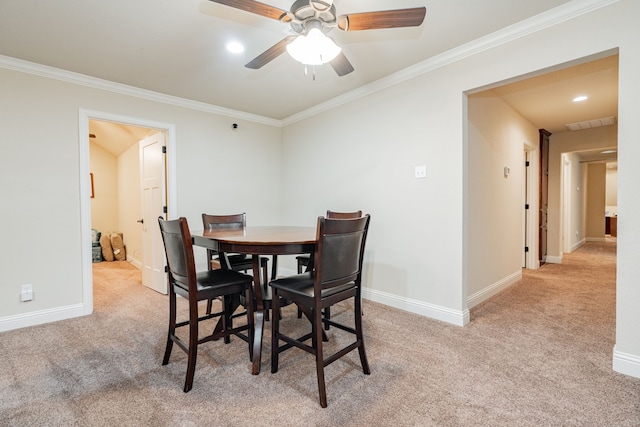 2687 Mcclendon Rd, Weatherford, TX 76088 - dining area featuring light carpet, ornamental molding, a ceiling fan, and recessed lighting
