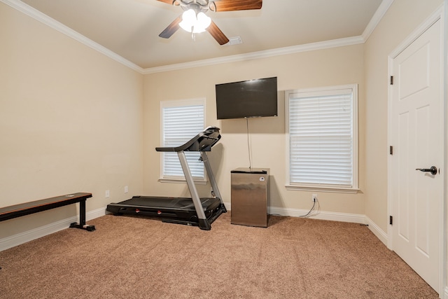2687 Mcclendon Rd, Weatherford, TX 76088 - exercise area with carpet flooring, crown molding, and a ceiling fan
