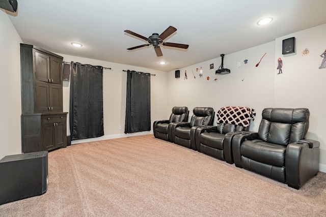 2687 Mcclendon Rd, Weatherford, TX 76088 - home theater with light colored carpet, ceiling fan, and recessed lighting