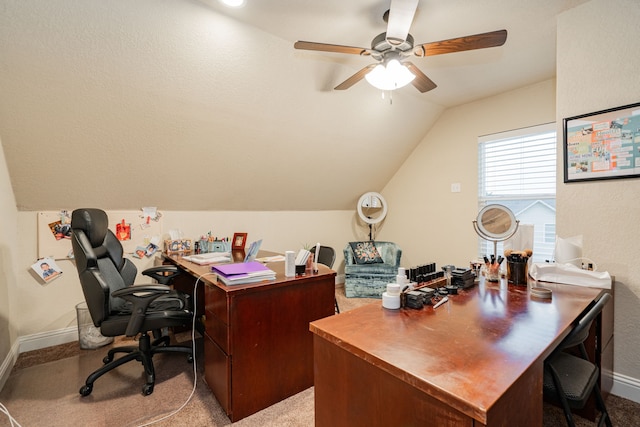 2687 Mcclendon Rd, Weatherford, TX 76088 - office area with ceiling fan, lofted ceiling, and light colored carpet