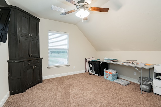 2687 Mcclendon Rd, Weatherford, TX 76088 - office with light colored carpet, ceiling fan, and vaulted ceiling