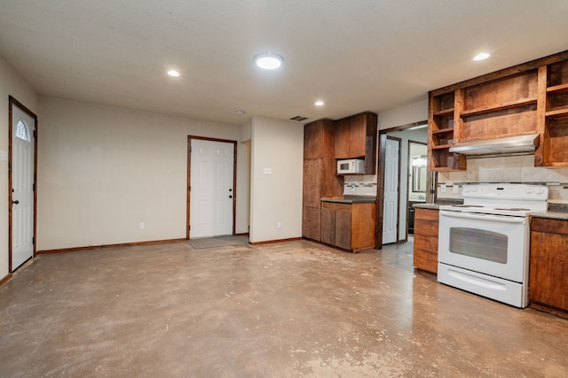 2687 Mcclendon Rd, Weatherford, TX 76088 - kitchen with white appliances, exhaust hood, concrete flooring, brown cabinetry, and recessed lighting
