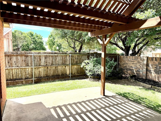 view of patio / terrace featuring a fenced backyard and a pergola