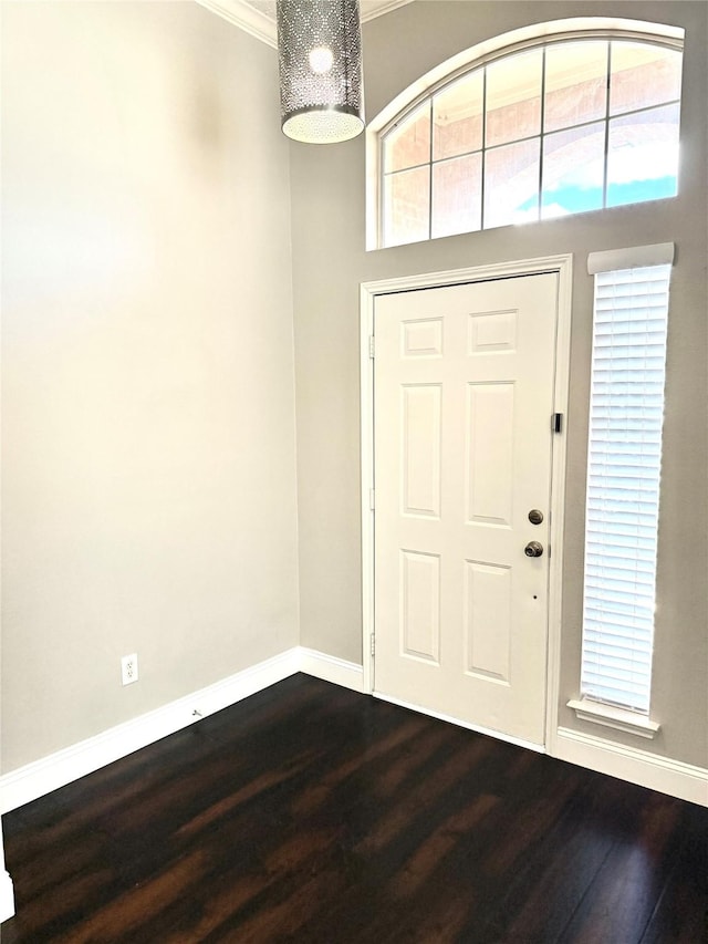 foyer featuring dark wood-style floors, baseboards, plenty of natural light, and crown molding