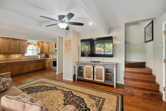 237 Ben Lacy Dr, Gun Barrel City, TX 75156 - living room featuring wood finished floors, ceiling fan, stairs, recessed lighting, and baseboards