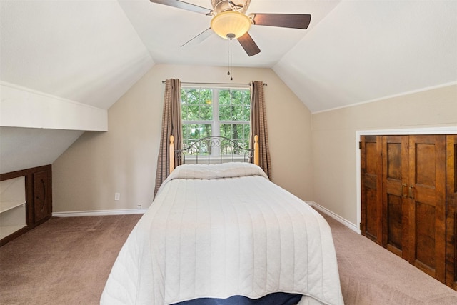 237 Ben Lacy Dr, Gun Barrel City, TX 75156 - bedroom with carpet, vaulted ceiling, baseboards, and ceiling fan