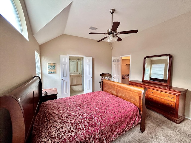 10908 Brandenberg Dr, Frisco, TX 75035 - carpeted bedroom featuring lofted ceiling, a spacious closet, ceiling fan, and ensuite bath