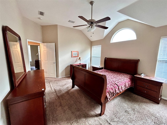 10908 Brandenberg Dr, Frisco, TX 75035 - bedroom featuring light colored carpet, vaulted ceiling, baseboards, and a ceiling fan