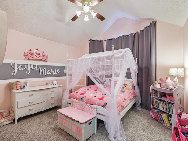611 Falling Leaf Dr, Allen, TX 75002 - bedroom featuring carpet, lofted ceiling, and a ceiling fan