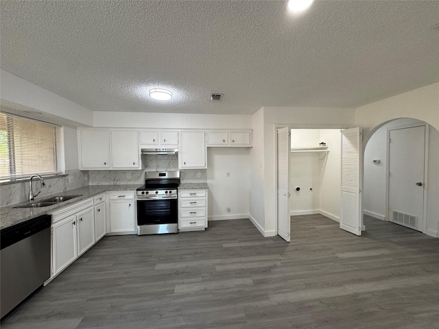 1029 Fox River Ln, Fort Worth, TX 76120 - kitchen with stainless steel appliances, under cabinet range hood, white cabinets, a sink, and a textured ceiling