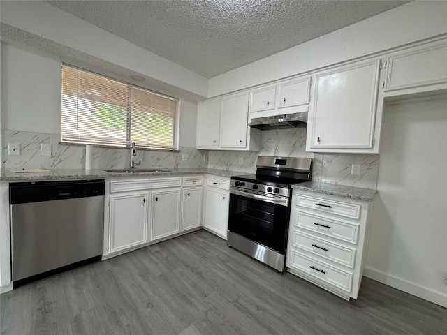 1029 Fox River Ln, Fort Worth, TX 76120 - kitchen featuring appliances with stainless steel finishes, under cabinet range hood, a sink, dark wood finished floors, and white cabinets