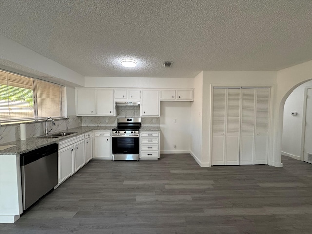 1029 Fox River Ln, Fort Worth, TX 76120 - kitchen featuring appliances with stainless steel finishes, a sink, arched walkways, white cabinets, and under cabinet range hood