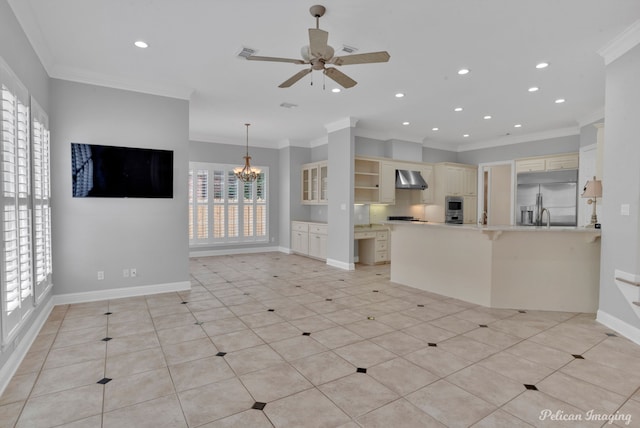 11911 Longfellow Cir, Shreveport, LA 71106 - unfurnished living room with a ceiling fan, a chandelier, recessed lighting, ornamental molding, and baseboards