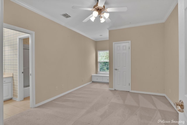 11911 Longfellow Cir, Shreveport, LA 71106 - unfurnished bedroom featuring light carpet, crown molding, baseboards, a ceiling fan, and ensuite bath