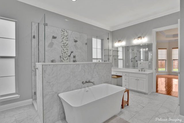 11911 Longfellow Cir, Shreveport, LA 71106 - bathroom featuring marble look tiles, crown molding, a shower stall, a freestanding bath, and vanity