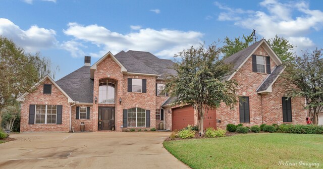 11911 Longfellow Cir, Shreveport, LA 71106 - traditional home with brick siding, concrete driveway, a front yard, a chimney, and a shingled roof