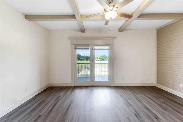 8511 Westover Ct Unit 235, Granbury, TX 76049 - empty room featuring wood finished floors, baseboards, beam ceiling, coffered ceiling, and ceiling fan
