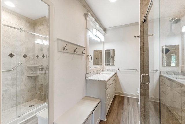 8511 Westover Ct Unit 235, Granbury, TX 76049 - full bath with a shower stall, crown molding, wood finished floors, and vanity