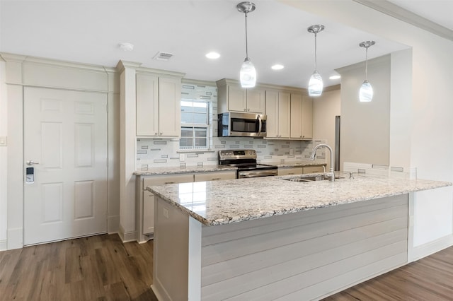 8511 Westover Ct Unit 235, Granbury, TX 76049 - kitchen featuring appliances with stainless steel finishes, a sink, dark wood-style flooring, a peninsula, and recessed lighting