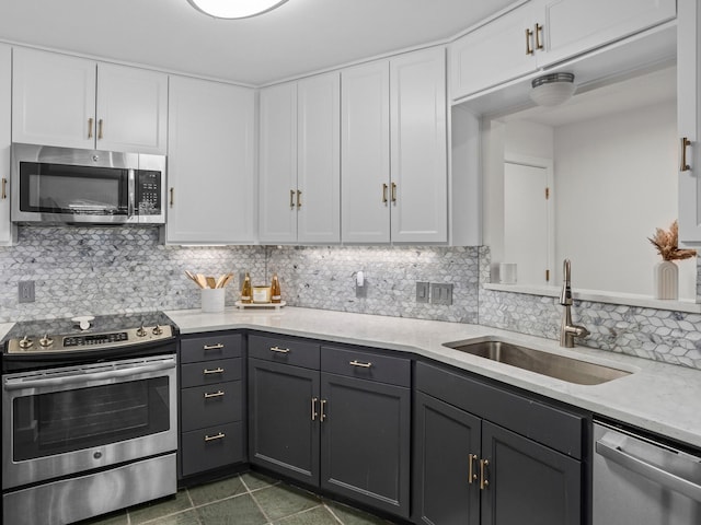 2633 Mccart Ave, Fort Worth, TX 76110 - kitchen with appliances with stainless steel finishes, a sink, gray cabinets, and white cabinetry