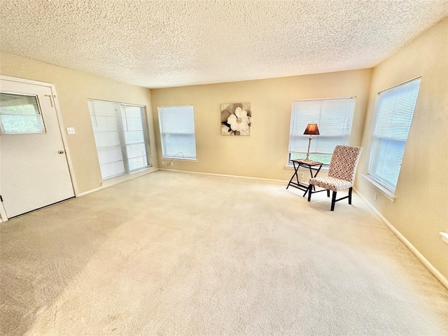 1008 Sierra Dr, Denton, TX 76209 - living area featuring carpet, a textured ceiling, and baseboards