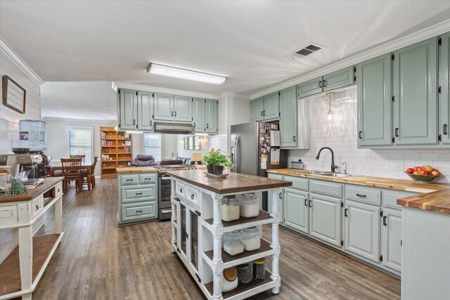 807 Berger Rd, West, TX 76691 - kitchen featuring wooden counters, a sink, stainless steel appliances, open shelves, and dark wood-style flooring