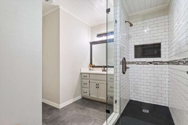 807 Berger Rd, West, TX 76691 - bathroom with crown molding, a stall shower, vanity, and baseboards