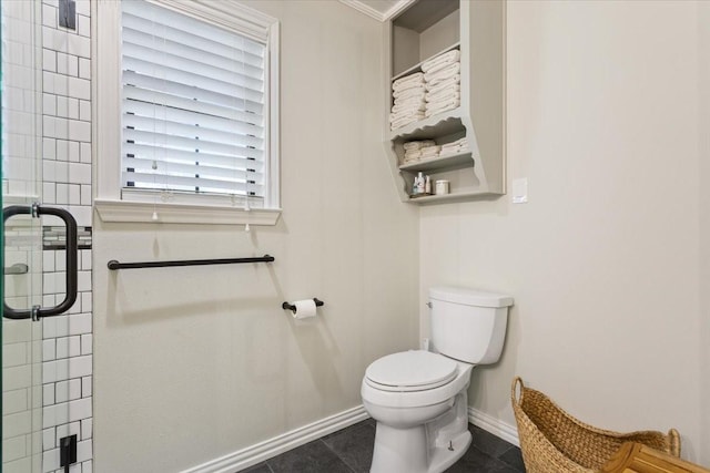 807 Berger Rd, West, TX 76691 - full bath with baseboards, toilet, a shower with door, tile patterned flooring, and ornamental molding