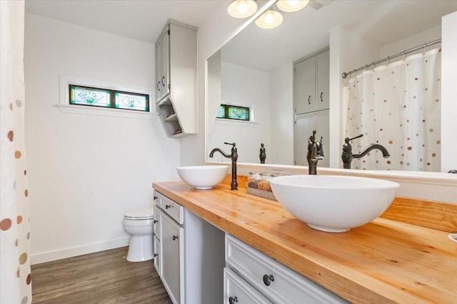 807 Berger Rd, West, TX 76691 - bathroom featuring toilet, wood finished floors, baseboards, double vanity, and a shower with curtain