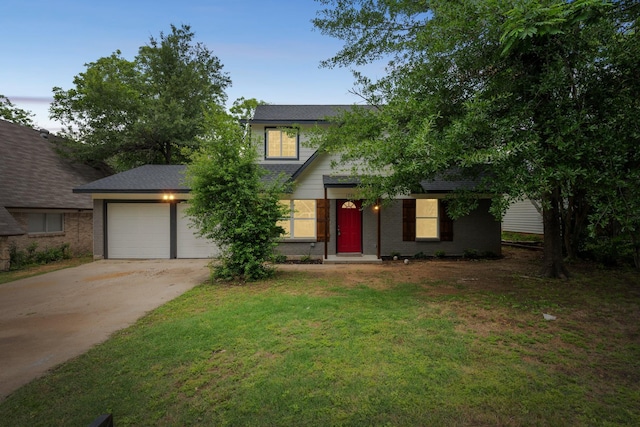 1729 Foster Dr, Arlington, TX 76012 - view of front of house featuring concrete driveway, a front lawn, a shingled roof, and a garage